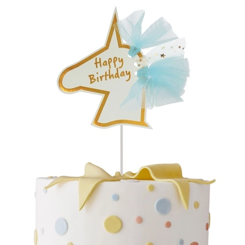 Topper piker ozdoby na tort babeczki jednorożec z grzywą napis Happy Birthday dekoracje urodzinowe unicorn kolorowy tiul zestaw 5 sztuk